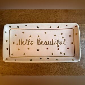 "HELLO BEAUTIFUL" PINK/GOLD VANITY TRINKET GLASS TRAY